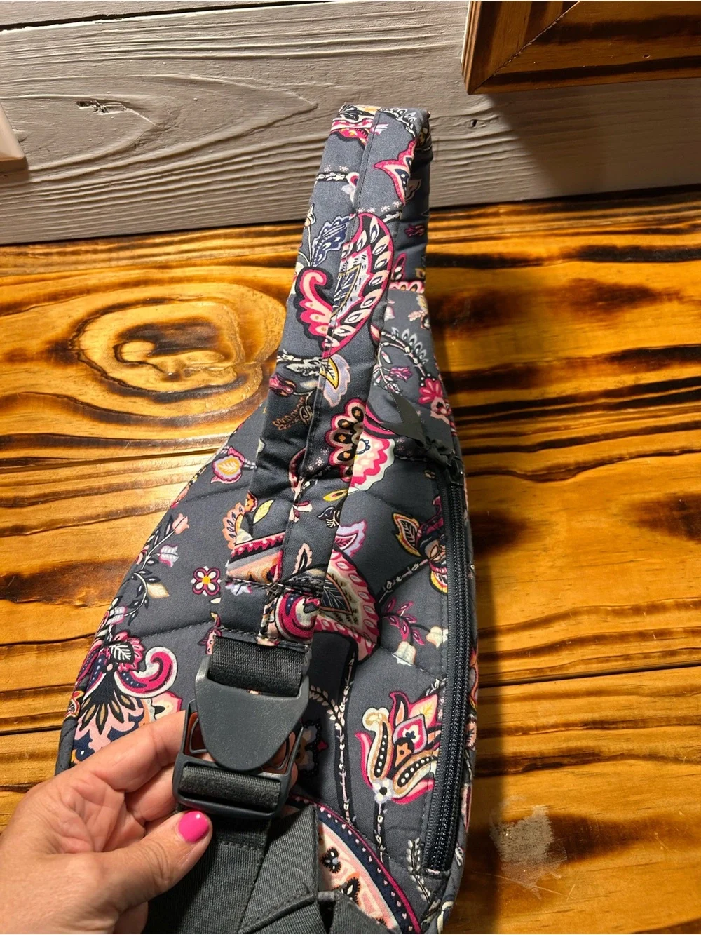 Vera Bradley Charcoal Paisley Quilted Sling Bag with Pink Accents - Picture 6 of 7